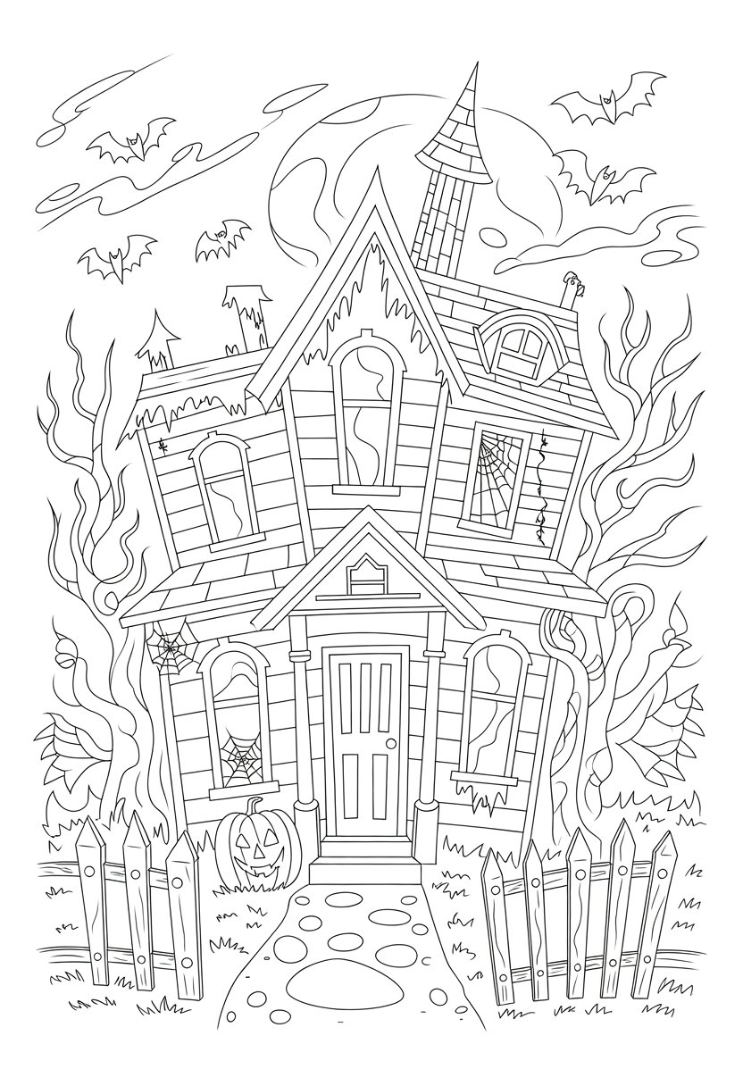 Halloween Coloring Pages Printable Featuring Classic Icons and Spooky Fun for All Ages 15 A spooky haunted house with crooked windows and a creaky door surrounded by leafless trees, bats flying, a full moon, a carved pumpkin, spider webs, and a crooked fence.